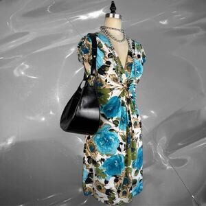 Vintage Anna Sui floral dress Y2K blue green print twist front midi